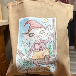 Sac din pânză bej cu model de gnom - genți și portofele - geantă pentru cumpărături - totebaguri - Artynos.ro