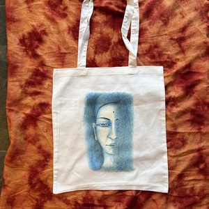 Sac din panza alb cu model de Buddha albastru, Genti si portofele, Geanta pentru cumparaturi, Totebaguri, Fotografie, grafica, desen, ilustratie, ARTYNOS