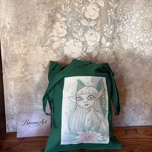 Sac din panza verde inchis cu model de zana, Genti si portofele, Geanta pentru cumparaturi, Totebaguri, Fotografie, grafica, desen, ilustratie, ARTYNOS