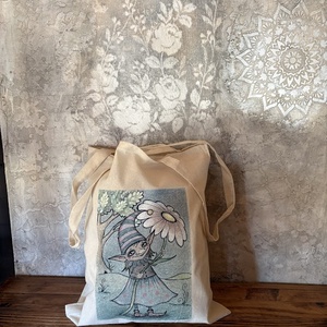Sac din panza natur cu model de fata gnom de primavara, Genti si portofele, Geanta pentru cumparaturi, Totebaguri, Fotografie, grafica, desen, ilustratie, ARTYNOS