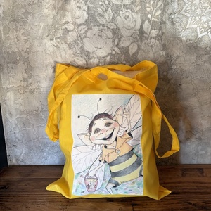 Sac din panza galben cu model de albina, Genti si portofele, Geanta pentru cumparaturi, Totebaguri, Fotografie, grafica, desen, ilustratie, ARTYNOS