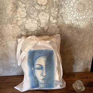 Sac din panza alb cu model de Buddha albastru, Genti si portofele, Geanta pentru cumparaturi, Totebaguri, Fotografie, grafica, desen, ilustratie, ARTYNOS
