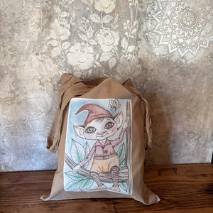 Sac din panza bej cu model de gnom, Genti si portofele, Geanta pentru cumparaturi, Totebaguri, Fotografie, grafica, desen, ilustratie, ARTYNOS