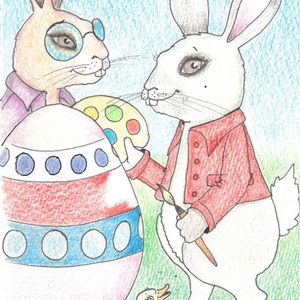 Carte poștală � Iepurași de Paște, desen realizat manual - decor de sărbători - decorațiuni de paște - alte creații de paște - Artynos.ro