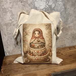 Geanta tote natur din panza cu ilustratie matrioska tort � design artistic digital, Genti si portofele, Geanta pentru cumparaturi, Totebaguri, Fotografie, grafica, desen, ilustratie, ARTYNOS