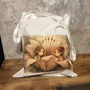 Geanta tote alba din panza cu ilustratie mici zane in floare � design fantasy digital, Genti si portofele, Geanta pentru cumparaturi, Totebaguri, Fotografie, grafica, desen, ilustratie, ARTYNOS