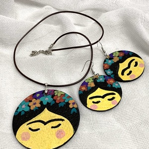Set bijuterii unicat -pictat manual (motiv Frida Kahlo ), Accesorii nuntă, Bijuterii mireasă, Set bijuterii de mireasă, Confecționarea bijuteriilor, Pictură, ARTYNOS