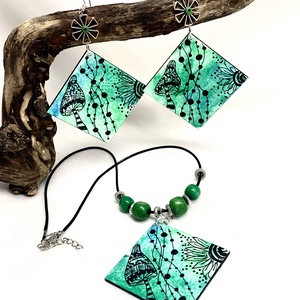 Set handmade unicat din lemn- pictat manual - bijuterii - cercei - cercei cu franjuri - Artynos.ro