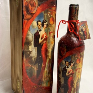 Set cadou-Cutie lemn +sticla de vin, Casă & Stil de viață, Set de cadou, Decoupage, transfer și tehnici șervețel, Pictură, ARTYNOS