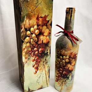 Set cadou-Cutie lemn +sticla de vin, Casă & Stil de viață, Set de cadou, Decoupage, transfer și tehnici șervețel, Pictură, ARTYNOS