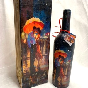 Set cadou-Cutie lemn +sticla de vin, Casă & Stil de viață, Set de cadou, Decoupage, transfer și tehnici șervețel, Pictură, ARTYNOS