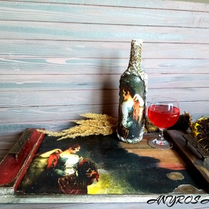 Set cadou-tava din lemn  +sticla de vin, Casă & Stil de viață, Set de cadou, Decoupage, transfer și tehnici șervețel, Pictură, ARTYNOS