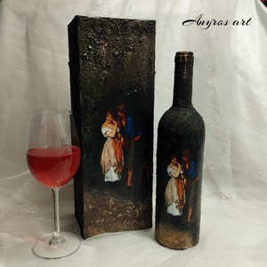 Cutie+sticla de vin-cadou pentru barbati 01290, Accesorii nunta, Amintiri si cadouri de nunta, Cadou nunta, Pahar de nunta, set de sticla, Decoupage, transfer si tehnici servetel, ARTYNOS
