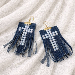 Cercei lungi din denim cu perle din colectia Denim Soul 01893 - bijuterii - cercei - cercei lungi - Artynos.ro