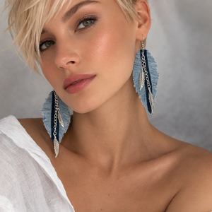 Cercei lucrati manual ,franjurati material denim din colectia Denim Soul 01894, Bijuterii, Cercei, Cercei lungi, Confectionarea bijuteriilor, Dintr-o bucata de denim se naste o bijuterie.Acesti cercei sunt creati manual din blugi transformat..., ARTYNOS