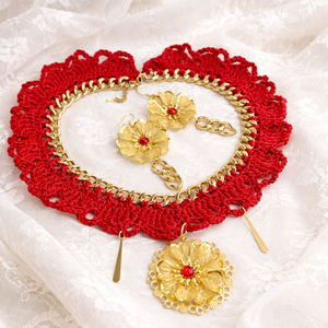 Set bijuterii Rouge Royale, croșetat din bumbac lucrat manual din Colecția Eleganță Croșetată  01898 - bijuterii - seturi de bijuterii - Artynos.ro