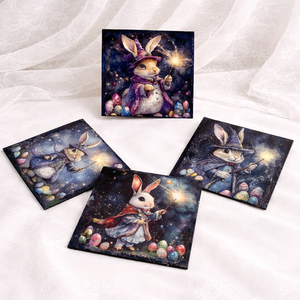 Set handmade Paște suport lumânare din lemn decorat manual + suporturi pahare cu iepurași 01903 - decor de sărbători - decorațiuni de paște - iepuraș de paște - Artynos.ro