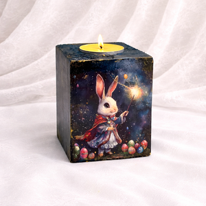 Set handmade Paște suport lumânare din lemn decorat manual + suporturi pahare cu iepurași 01903 - decor de sărbători - decorațiuni de paște - iepuraș de paște - Artynos.ro