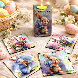 Set handmade Paste suport lumanare din lemn decorat manual + suporturi pahare cu iepurasi 01904 - Artynos.ro