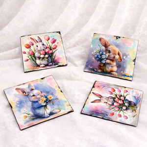 Set handmade Paște suport lumânare din lemn decorat manual + suporturi pahare cu iepurași 01904 - decor de sărbători - decorațiuni de paște - decor masă de paște - Artynos.ro