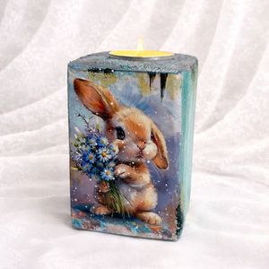 Set handmade Paște suport lumânare din lemn decorat manual + suporturi pahare cu iepurași 01904 - decor de sărbători - decorațiuni de paște - decor masă de paște - Artynos.ro