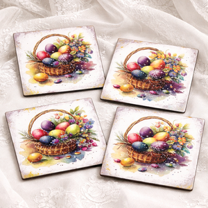 Set cadou de Paște , suport lumânare din lemn decorat manual + suporturi pahare cu iepurași 01905 - decor de sărbători - decorațiuni de paște - decor masă de paște - Artynos.ro