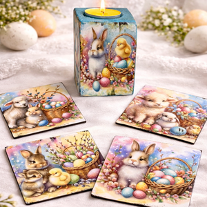 Set handmade Paste suport lumanare din lemn decorat manual + suporturi pahare cu iepurasi 01906 - Artynos.ro