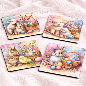 Set cadou de Paște , suport lumânare din lemn decorat manual + suporturi pahare cu iepurași 01906 - decor de sărbători - decorațiuni de paște - decor masă de paște - Artynos.ro