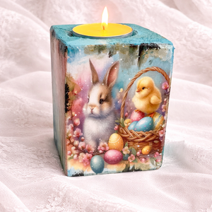 Set cadou de Paște , suport lumânare din lemn decorat manual + suporturi pahare cu iepurași 01906 - decor de sărbători - decorațiuni de paște - decor masă de paște - Artynos.ro