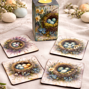 Set handmade Paste suport lumanare din lemn decorat manual + suporturi pahare cu iepurasi 01907 - Artynos.ro