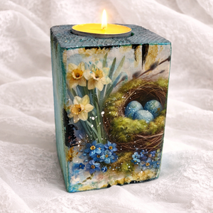 Set cadou de Paște, suport lumânare din lemn decorat manual + suporturi pahare cu iepurași 01907 - decor de sărbători - decorațiuni de paște - decor masă de paște - Artynos.ro