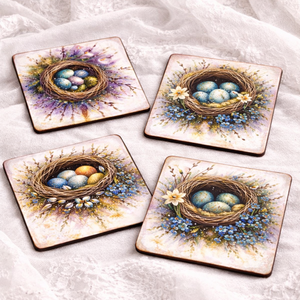 Set cadou de Paște, suport lumânare din lemn decorat manual + suporturi pahare cu iepurași 01907 - decor de sărbători - decorațiuni de paște - decor masă de paște - Artynos.ro