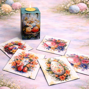 Set handmade Paste suport lumanare din lemn decorat manual + suporturi pahare cu iepurasi 01908 - Artynos.ro