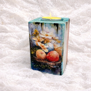 Set cadou de Paște ,suport lumânare din lemn decorat manual + suporturi pahare cu iepurași 01908 - decor de sărbători - decorațiuni de paște - decor masă de paște - Artynos.ro