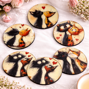 Suport pahare din lemn, decorat manual- Love Cats 01909 - Artynos.ro