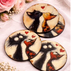 Suport pahare din lemn, decorat manual- Love Cats 01909 - casă & stil de viață - seturi de cadou - Artynos.ro