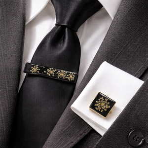 Clemă de cravată și butoni cu flori naturale în rășină -Set cadou accesorii bărbați 01937 - bijuterii - butoni de manșetă - Artynos.ro