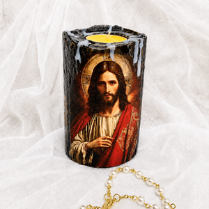 Suport lumanare -religios 02166, Casa & Stil de viata, Accesorii religioase, Binecuvantarea casei, Decoupage, transfer si tehnici servetel, Turnare in gips, Suport de lumanare handmade unicat cu tematica religioasa decorata Mixed Media in combinatie cu alt..., ARTYNOS