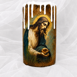 Suport lumanare-religios 02177, Casa & Stil de viata, Accesorii religioase, Binecuvantarea casei, Decoupage, transfer si tehnici servetel, Turnare in gips, Suport de lumanare handmade unicat cu tematica religioasa decorata Mixed Media in combinatie cu alt..., ARTYNOS