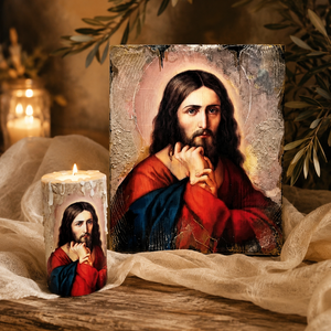 Set icoana-suport lumanare 02350, Casa & Stil de viata, Accesorii religioase, Binecuvantarea casei, Decoupage, transfer si tehnici servetel, Prelucrarea lemnului, Set tematica religioasa unicat .Setul contine icoana pe lemn ars + lumanare din ipsos sau din lemn ..., ARTYNOS