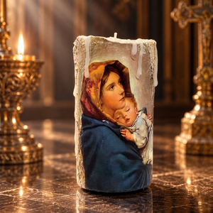 Suport lumanare-religios 02215, Casa & Stil de viata, Accesorii religioase, Binecuvantarea casei, Turnare in gips, Decoupage, transfer si tehnici servetel, Suport de lumanare handmade unicat cu tematica religioasa decorata Mixed Media in combinatie cu alt..., ARTYNOS