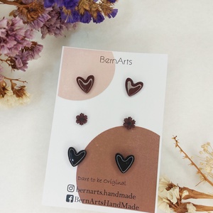 Cercei Mici Bordo ( Burgundy) Negru, Stud - Inimioara, Floricica, Bijuterii, Cercei, Cercei cu figurine, Altele, Confectionarea bijuteriilor, ARTYNOS