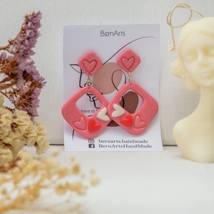 Cercei Roz Statement Romantic Inimioare Pătrat - bijuterii - cercei - cercei lungi - Artynos.ro