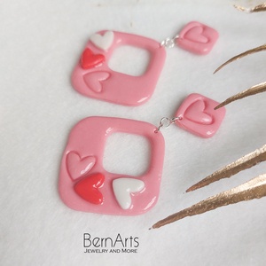 Cercei Roz Statement Romantic Inimioare Pătrat - bijuterii - cercei - cercei lungi - Artynos.ro