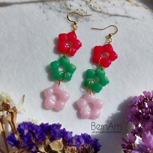Cercei Lungi Floricele Roz Verde Handmade Eleganți Primavara - bijuterii - cercei - cercei lungi - Artynos.ro