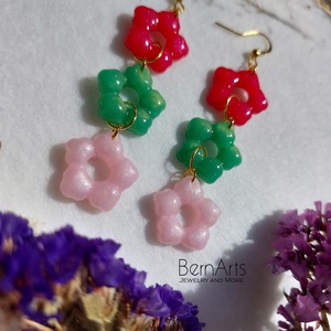 Cercei Lungi Floricele Roz Verde Handmade Eleganți Primavara - bijuterii - cercei - cercei lungi - Artynos.ro