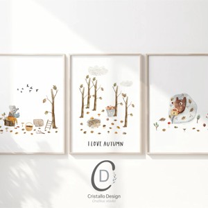 Forest animal toamna arta de perete, ursuleț de pluș poster, camera de copii imagine, cadou -  - Artynos.ro