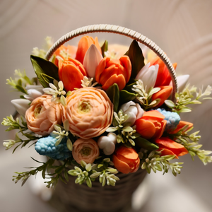 Aranjament floral din săpun în coș � cadou elegant în nuanțe calde, handmade - casă & stil de viață - decorațiuni de casă - accesorii florale - buchete de flori - Artynos.ro