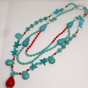 Colier handmade din turquoise reconstruit sfere si stelute, pandativ coral, cristale roșii cehești, cipsuri turquoise si - bijuterii - coliere - coliere din mărgele - Artynos.ro