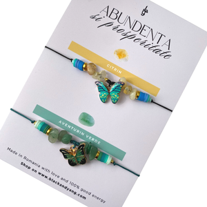 Set bratari cristale naturale de citrin si aventurin verde cu pandantive fluturi - abundenta si prosperitate - Artynos.ro
